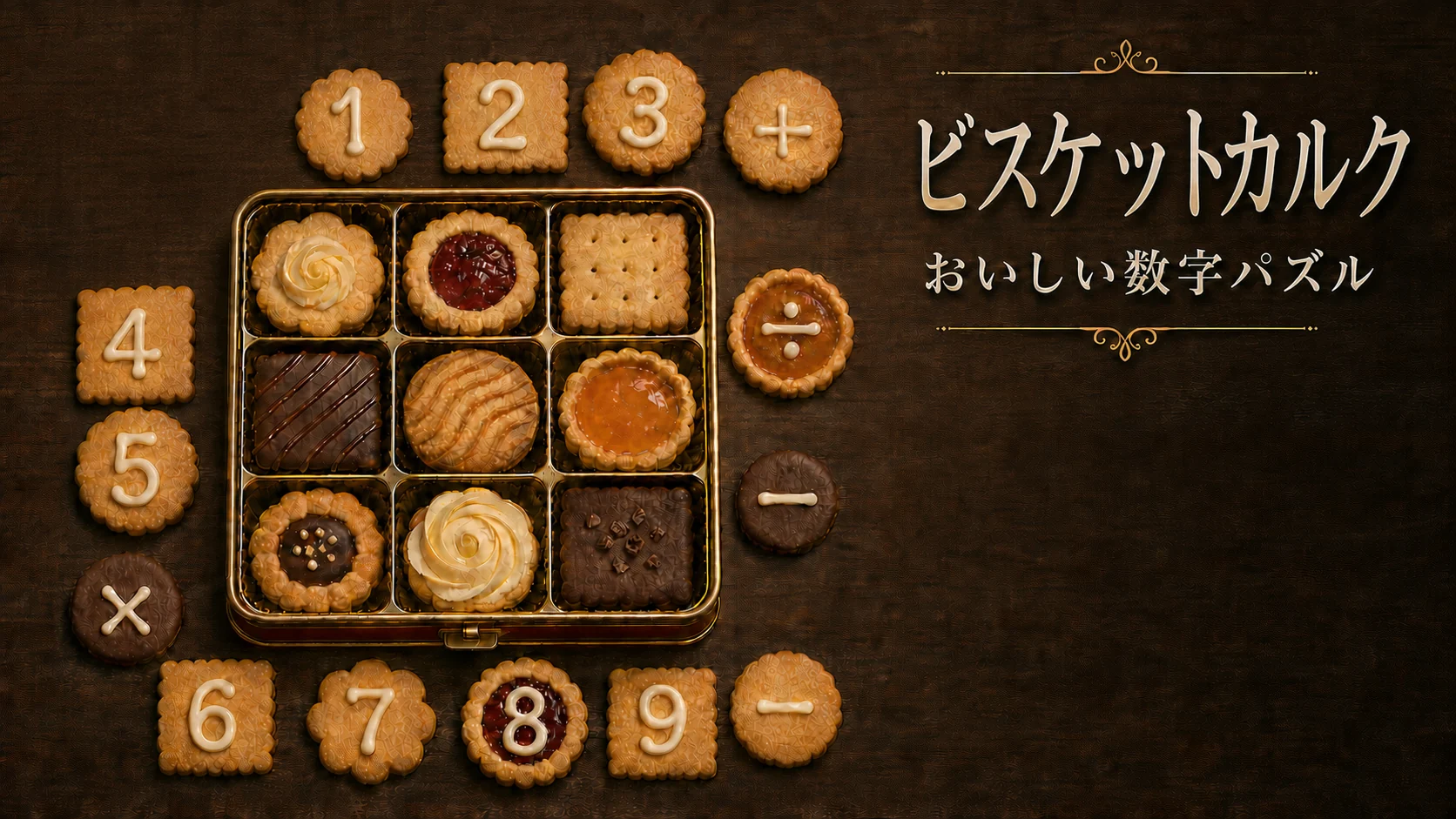 ビスケットカルク — 数字と演算子のビスケットが並ぶお菓子の缶