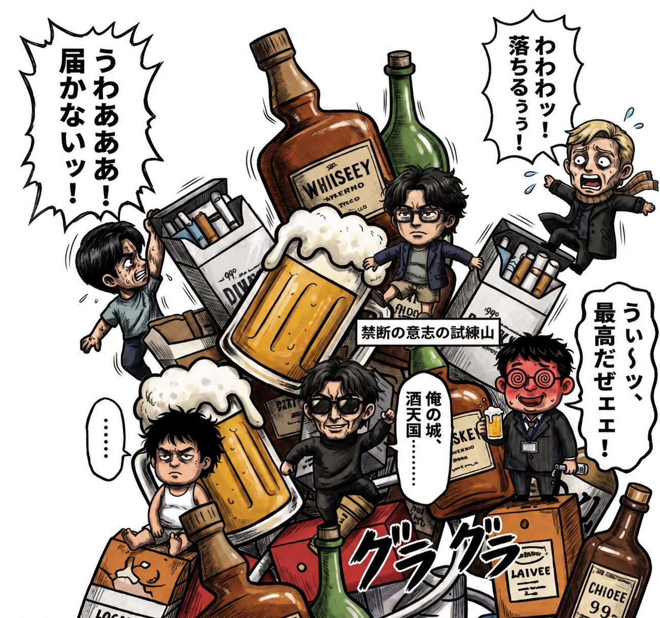 ポシャる：人生崩壊連鎖のキャラクターとブロックが積み上がったイラスト